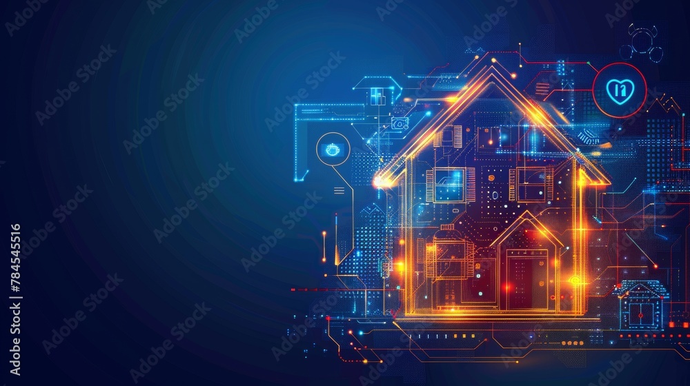Poster an illustration concept of an intelligent control house on a blue background, made with digital numb