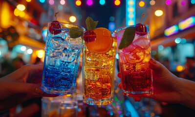 Three glasses of colorful alcoholic cocktails on the bar counter in night club - 784545506