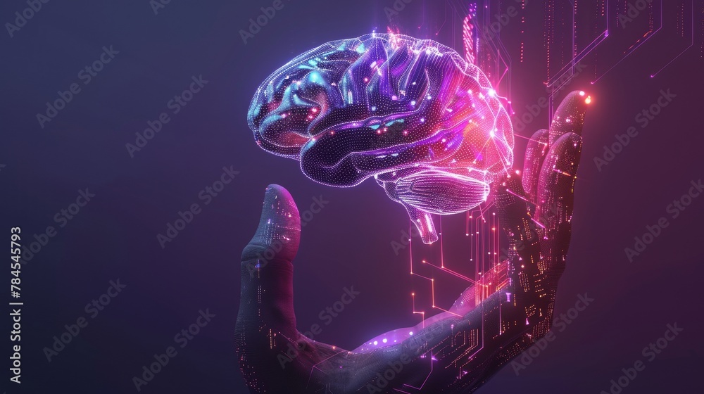 Leinwandbilder circuit board shaped like a brain, with a gyrus, and an ai symbol hanging over the hand. an artifici