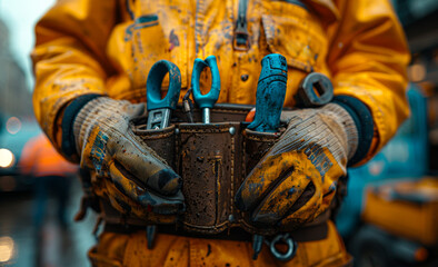 Worker in dirty overalls holds tool belt with set of tools - 784545751