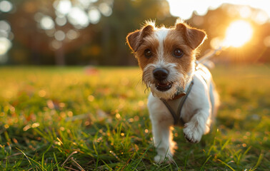 Jack Russell Terrier dog running in the grass at sunset. - 784545755