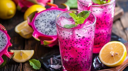 Refreshing dragon fruit smoothie with mint and lemon