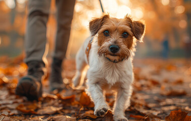 Happy dog is walking in the park with his owner. - 784545781