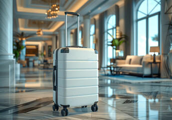 White suitcase in the hotel lobby. 3d rendering - 784545790