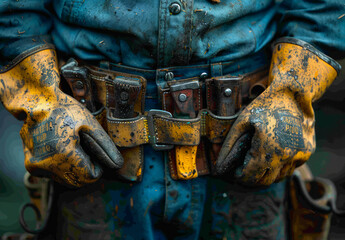 Worker wearing dirty gloves and tool belt - 784545796