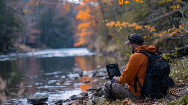 Digital Nomad Remote IT support helping troubleshoot a nature photography session, tech support in scenic settings