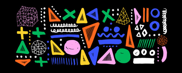 Set multi colored triangles,  squiggled bold lines with loops and dots. Abstract brush drawn curved colorful lines .