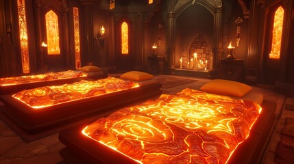 Sulfur themed heated mattress pads in a volcanic exploration RPG, warm and daring - obrazy, fototapety, plakaty