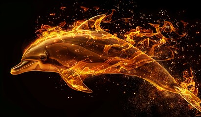Fiery dolphin leaping amidst dazzling flames on a dark background
