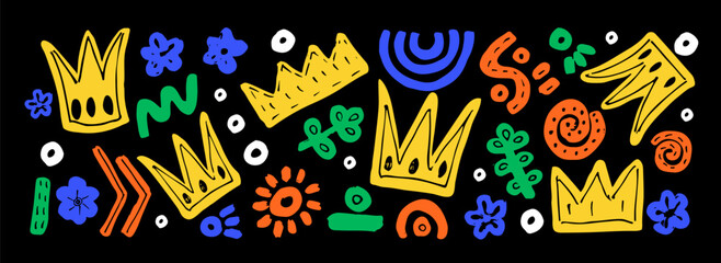 Set with yellow crowns and multi colored abstract geometric doodle  fashion 80-90s. Leaves,  curly lines, dry brush stroke textured shapes. Zig zag, swirls and dots.  For used in printing, website bac