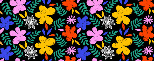 Seamless pattern modern abstract flowers chamomile.  Hand drawn vector botanical background.  Color  ink illustration with floral motif.