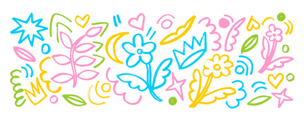 Set element design painted brush flowers, crowns, hearts, stars and speckles. Hand drawn childish doodle .