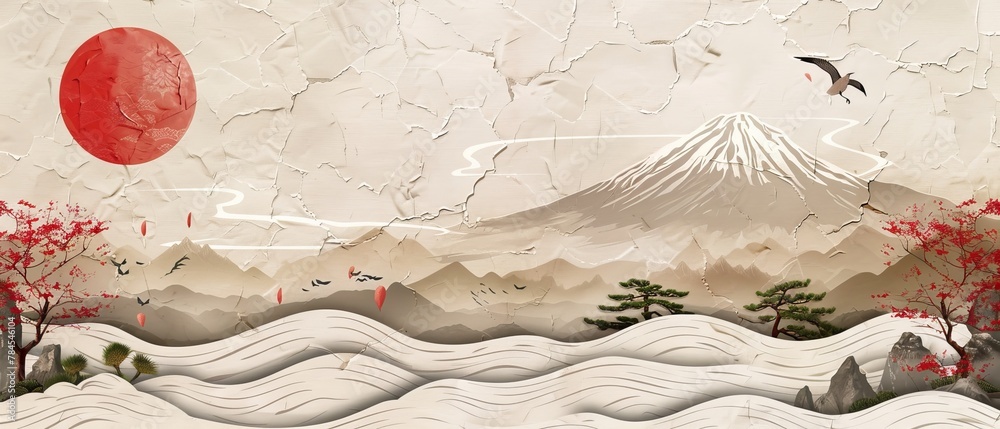 Poster vintage style japanese background with icons. a template with wave patterns and a vintage style land