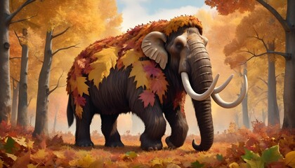 A Mammoth Covered In Autumn Leaves Blending Into2 - obrazy, fototapety, plakaty
