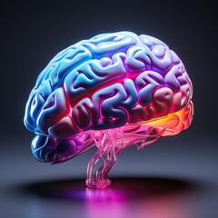 A 3D rendering of a brain with a blue-purple gradient on the left side and a pink-yellow gradient on the right side. The brain is sitting on a reflective surface with a spotlight shining on it from th