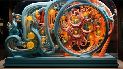 A 3D rendering of a colorful abstract sculpture made of interlocking organic forms.