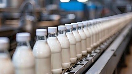 Bottling milk production line at modern food processing plant - obrazy, fototapety, plakaty