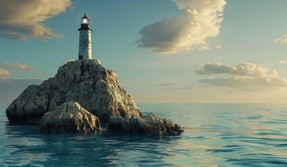 Serene seascape with lighthouse on cliff at sunset - obrazy, fototapety, plakaty
