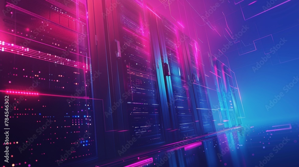 Poster Data center. abstract digital warehouse. Cloud computing server room. Communication between server farms and the internet. Network connection and information exchange lights glow.
