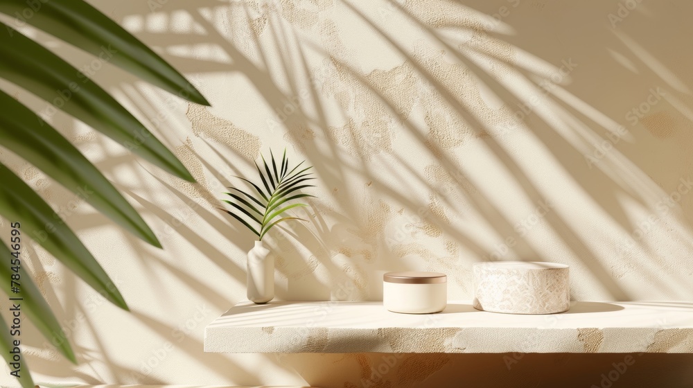 Poster 3d rendering of a natural beauty backdrop with stone texture and tropical palm leaves shadow.