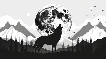 Silhouette of a wolf howling under a full moon in a mountainous landscape