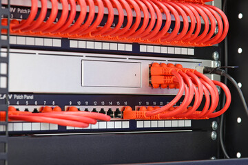 An Ethernet Internet signal switch with patch cords connected to patch panels in a...