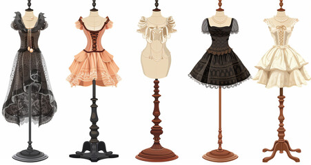 Vector illustration of beautiful retro clothing on mannequins. 