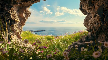 Serene ocean view through a rocky cave with blooming wildflowers