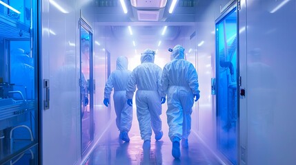 Scientists in protective suits walking in a high-tech laboratory corridor