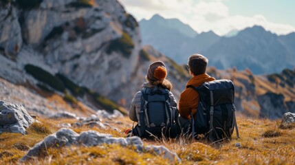 Fototapeta premium Carefree couple enjoys in view while taking break during hiking in nature