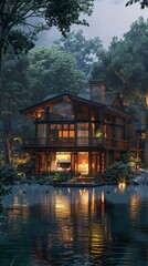 Obraz premium Large house overlooking lake by forest