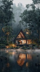 Fototapeta premium Cabin in the middle of a lake surrounded by trees