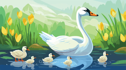 Ugly duckling fairy tale. Duckling is born into fam - obrazy, fototapety, plakaty