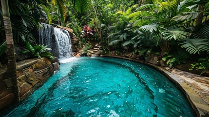 Tropical oasis with cascading waterfall and serene pool