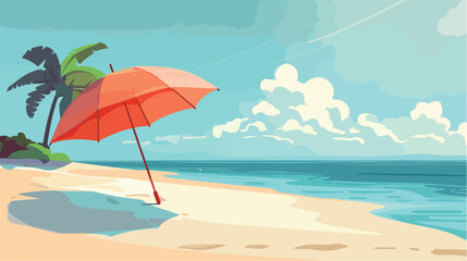 Umbrella on the sandy island 2d flat cartoon vactor - obrazy, fototapety, plakaty