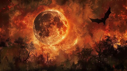 Fiery landscape with full moon and flying bat