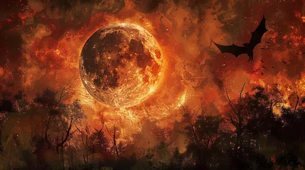 Zelfklevend Fotobehang Fiery landscape with full moon and flying bat © volga