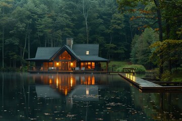 Fototapeta premium House overlooking lake by forest