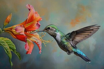 Fototapeta premium Vibrant painting featuring a hummingbird feeding on a flower against a lush green and pink background