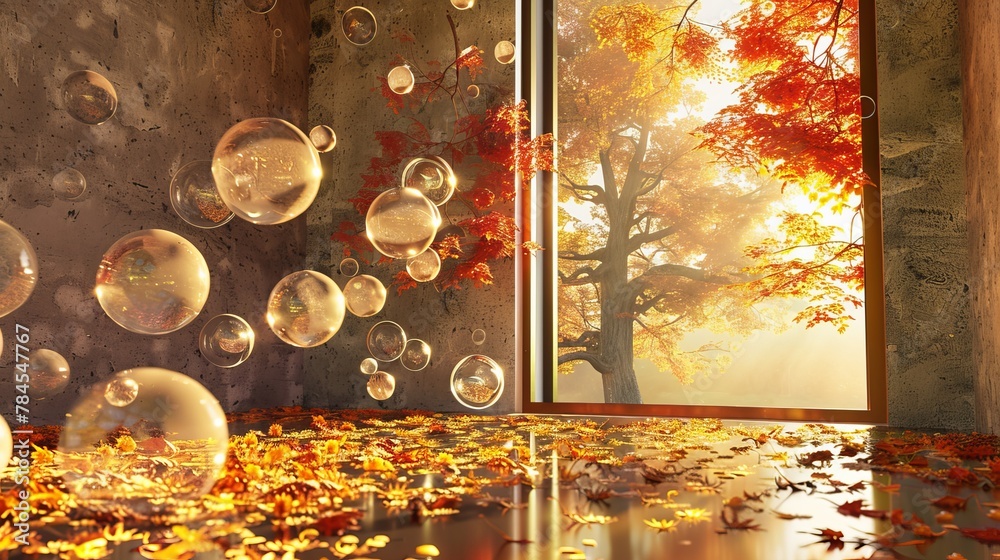 Fototapete Autumn scene with bubble balls and window. 3D rendering.