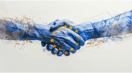 A minimalist image of two hands shaking, covered with a translucent European Union flag. Europe Day concept