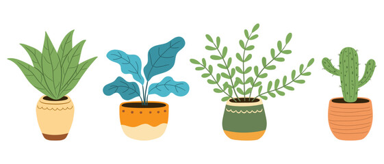 Home plants in pots, isolated on a white background, flat cartoon vector illustration. Cute houseplants and potted flowers, hand drawn, doodle.