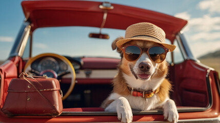 Cute funny dog in sunglasses and summer hat on the road trip peeking from car while traveling on sunny summer day - obrazy, fototapety, plakaty