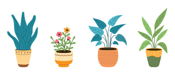 Home plants in pots, isolated on a white background, flat cartoon vector illustration. Cute houseplants and potted flowers, hand drawn, doodle.