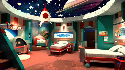 Space Adventure: Futuristic 3D Home with Rocket Ship Beds, Planetary Decor, and Starry Ceiling Murals. - obrazy, fototapety, plakaty