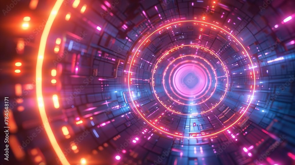 Poster neon radial background, laser lines moving in a circle along a circular dark geometry. yellow pink s
