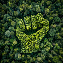 top aerial shot forest tress in the shape of hand fist isolated on forest background 