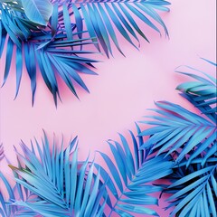 Top view blue tropical palm leaves with copy space pink background.