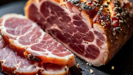 Ham with spices, cut into thin layers - obrazy, fototapety, plakaty