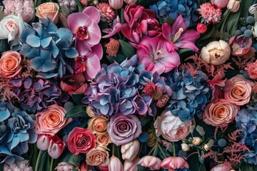Vibrant Floral Arrangement with Colorful Blue, Pink, and Orange Flowers on Black Background